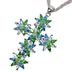 Vintage Large Silver Tone Floral Rhinestone Cross Pendant Necklace Blue Green